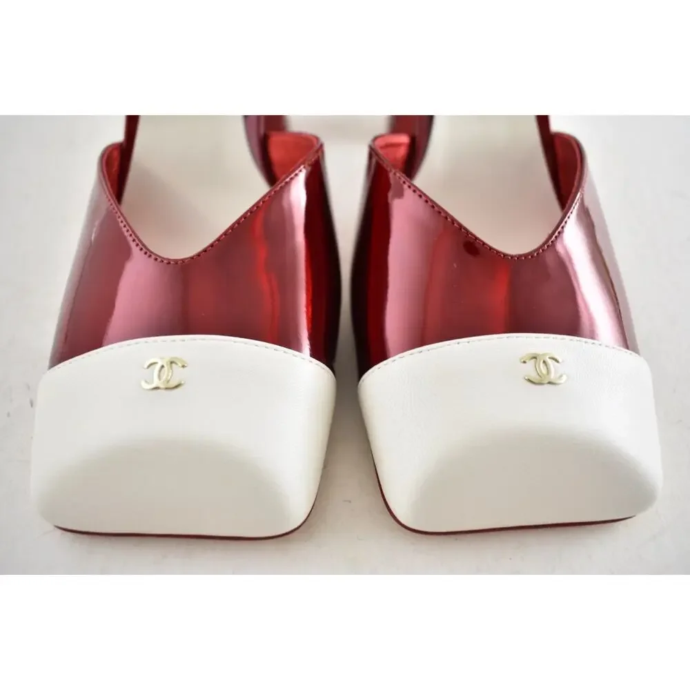 Chanel 26S Blazy Red White Square Toe Sling CC Slingback Block Heel Pump 38.5 - Picture 11 of 16